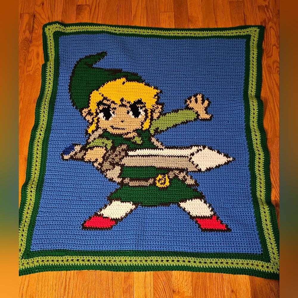 Handmade One of a Kind Crocheted Legend of Zelda Blanket Link.